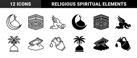 Naklejka premium Islamic spiritual hybrid symbols merging religious elements with natural motifs featuring mosque crescent moon kaaba prayer rug and vessel