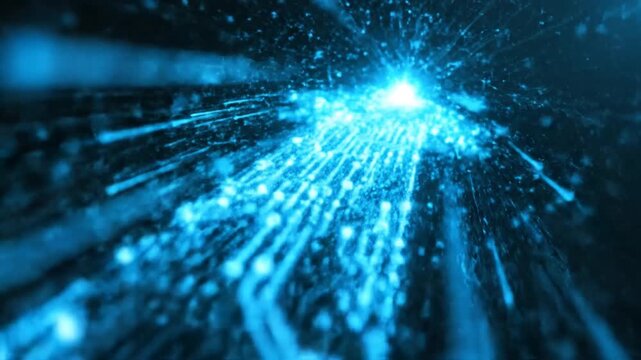 Futuristic digital landscape with neon blue circuit lines and glowing particles accelerating towards a radiant light from a dark environment