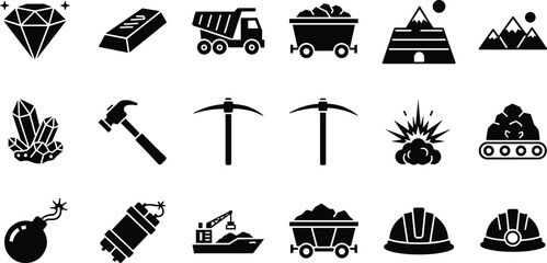 Mining industry icon set featuring diamonds, gold bars, dump truck, coal carts, pickaxes, explosive blasts, mining helmets, and mountain extraction. © Morium