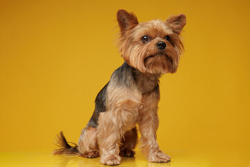 Cute Yorkshire terrier dog sitting on yellow studio background, pet care concept
