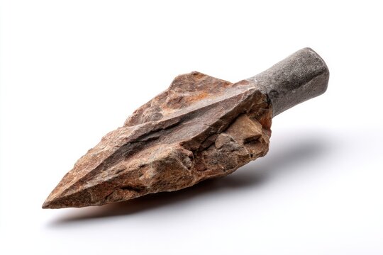 Stone arrowhead with sharp edges isolated on a clean white background, ideal for ancient culture and historical artifact presentations 