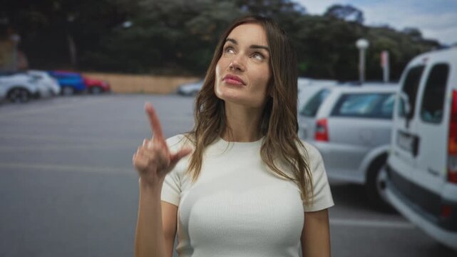Woman points finger to sky beside parked car in street parking lot under daylight while gazing upward with intent expression; hope.