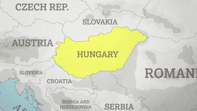 Basemap with a Zoom of the Hungary Highlighted in Yellow. Generic World Map Animation