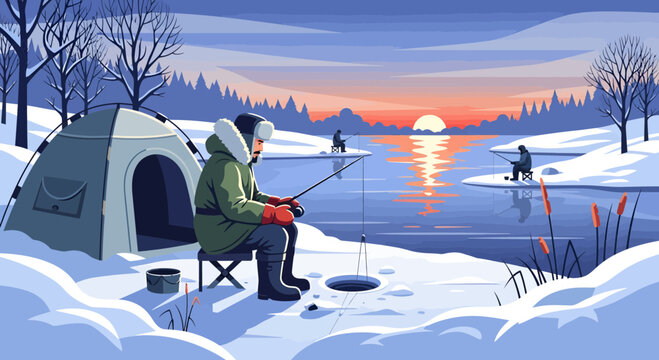 Man ice fishing in winter with tent and gear.