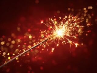 Fototapeta premium golden sparkler with bright sparks isolated on a red background