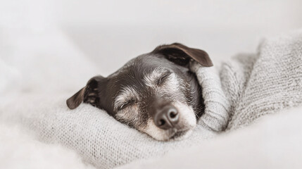 Sleeping puppy wrapped in a blanket a quiet portrait of coziness for pet marketing and animal care materials.