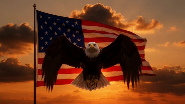 Symbolic eagle in flight against the american flag at golden hour sunset dramatic patriotic stock for marketing, films, and patriotic events