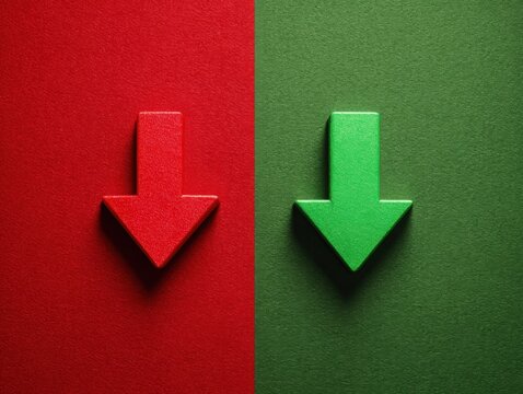 red arrow down green arrow up comparison isolated on a red background