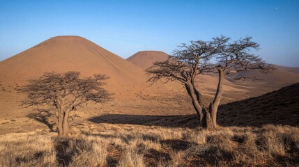 Volcanic landscape, dry trees, African savanna, sunrise, scenic travel photography