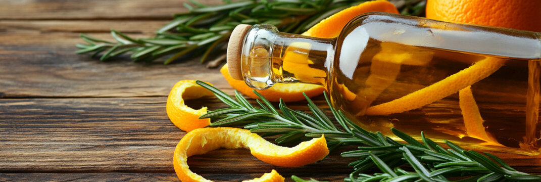 Bitter liquor bottle with orange peel and rosemary Generative AI