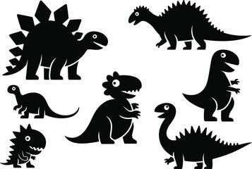 Set of Cute Dinosaur Silhouette Vector Illustrations, Isolated Cartoon Dino Characters Including Tyrannosaurus Rex and Stegosaurus for Kids Design © Morium