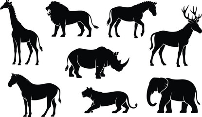 Black Wild Animal Silhouette Vector Set, Isolated Safari and Forest Creature Collection with Lion Elephant Giraffe Rhino and Horse Graphics © Morium