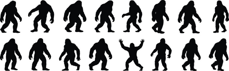 Black Bigfoot Silhouette Vector Set, Isolated Sasquatch and Yeti Collection in Various Walking and Standing Poses for Mythical Creature Wildlife Illustration