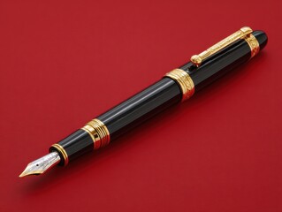 Fototapeta premium black luxury pen with gold trim isolated on a red background