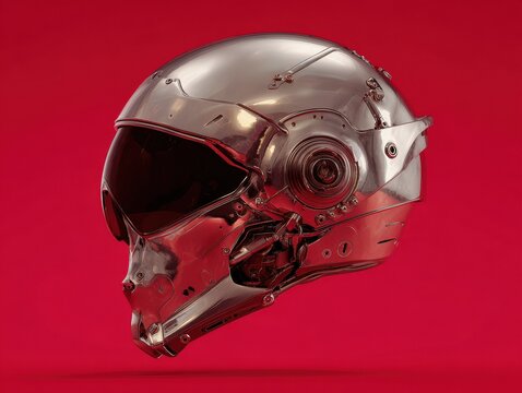 chrome cyberpunk style helmet isolated on a red background