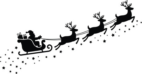 Black Santa Claus sleigh silhouette, flying reindeer team with stardust, Christmas Eve vector illustration, holiday magic elements for seasonal winter design. © Morium