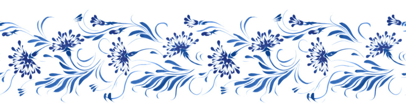 Vector floral seamless border pattern from hand painted blue flowers and leaves on a white background