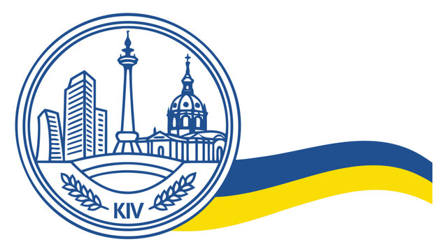 Blue and white kyiv city skyline seal with ukrainian flag Ukraine