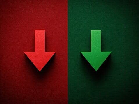 red arrow down green arrow up comparison isolated on a red background