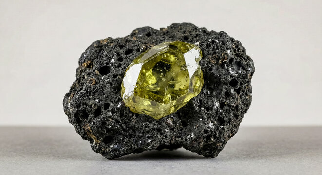 Transparent yellow green gem quality olivine crystal resting on a black vesicular basalt matrix.