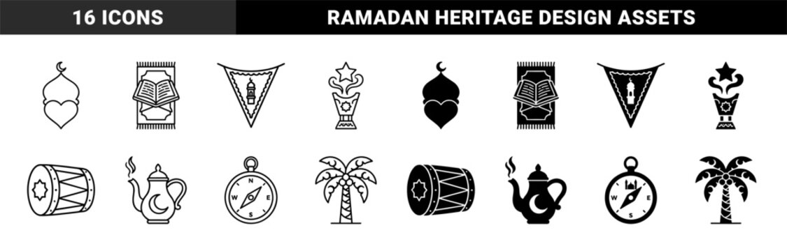 Islamic heritage symbol collection featuring hybrid designs like mosque heart silhouettes and prayer rug quran combinations in outline and solid styles