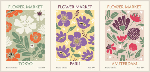 Naklejka premium Set of abstract Flower Market Tokyo, Paris, Amsterdam posters. Trendy botanical wall arts with abstract floral design in trendy colors. Modern naive groovy funky interior decorations, paintings. 