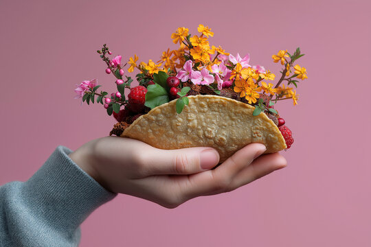 Woman's hand holds a soft taco filled with spring flowers. A tortilla cradles blooms and berries on pink. Spring, floral art, food fusion, Mother's Day, Cinco de Mayo, diet, vegetarian menu
