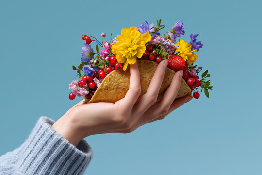 Woman's hand holds a soft taco filled with spring flowers. A tortilla cradles blooms and berries on blue. Spring, floral art, food fusion, Mother's Day, Cinco de Mayo, diet, vegetarian menu