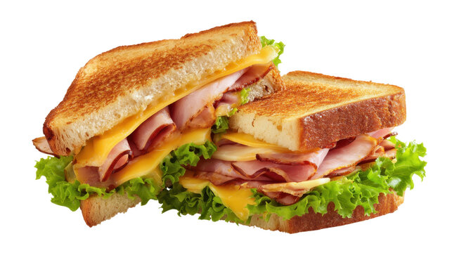 Toasted ham and cheddar sandwich slices layered with crisp green lettuce, presented on a transparent background for fresh, tasty lunch or snack use in menus and food layouts
