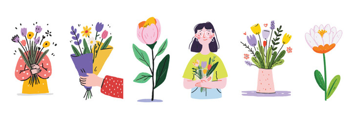 Naklejka premium Cute spring flower doodle illustrations featuring bouquets and a smiling person holding flowers