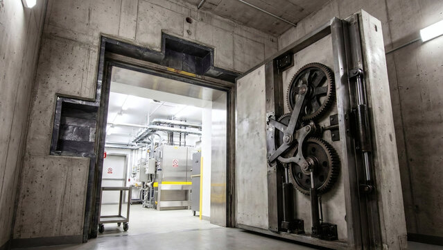 Massive open brutalist concrete and lead radiation shielding door with heavy steel mechanical locking gears leading into a medical cyclotron bunker facility