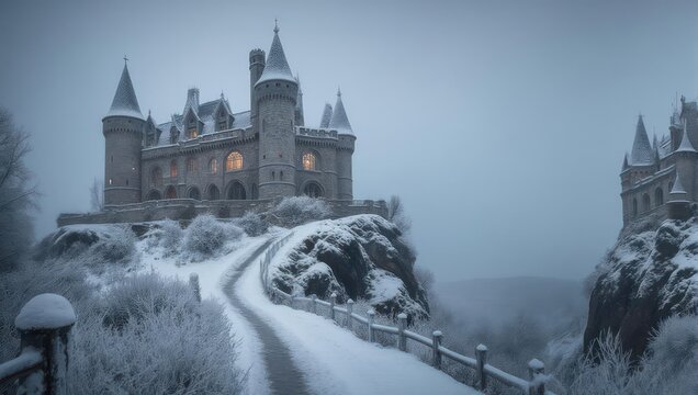 Majestic stone castle on snowy cliff, connected by a bridge, shrouded in mist, winter scenery