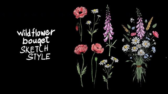 Wildflower Bouquet Sketch Animation, Alpha Channel, Wildflower bouquet sketch animation featuring hand drawn poppies, daisies, and foxglove flowers with a transparent alpha channel background