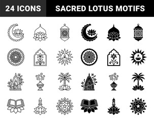 Obraz premium Symmetry hybrid spiritual symbols merging lotus flowers with islamic architecture crescent moons lanterns and prayer rugs in outline and solid styles