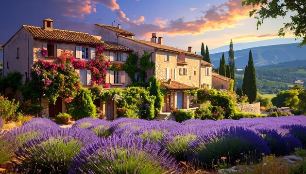Lavender field in Provence with a beautiful old house at sunset.