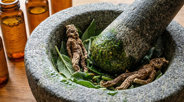 Ancient herbal medicine concept with mandrake roots and green leaves in stone mortar