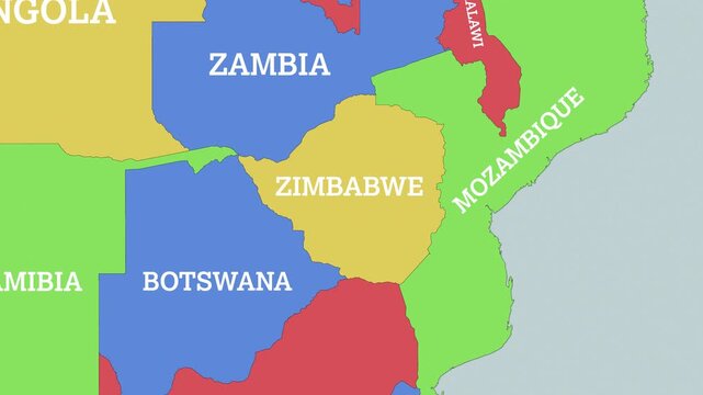 2D Colored Political World Map with a zoom of the Zimbabwe and Neighbors