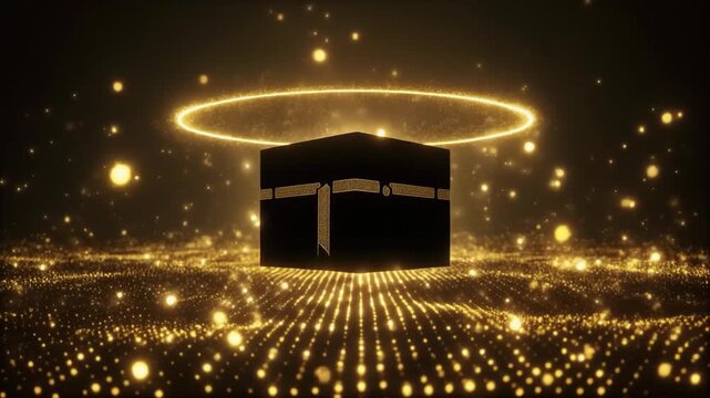 Kaaba Sharif 3 D Animation with Glowing Gold Lights and Particles Islamic Architecture Mecca 3D animation