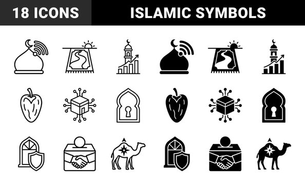 Islamic hybrid icons merging traditional religious symbols with modern technology finance and security concepts in dual outline and solid styles