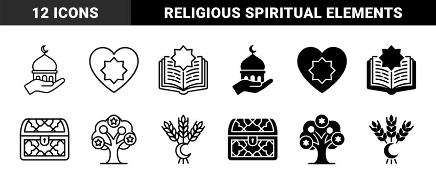 Islamic spiritual hybrid icons featuring mosque dome on hand heart with octagram star and crescent moon wheat symbols in outline and glyph styles