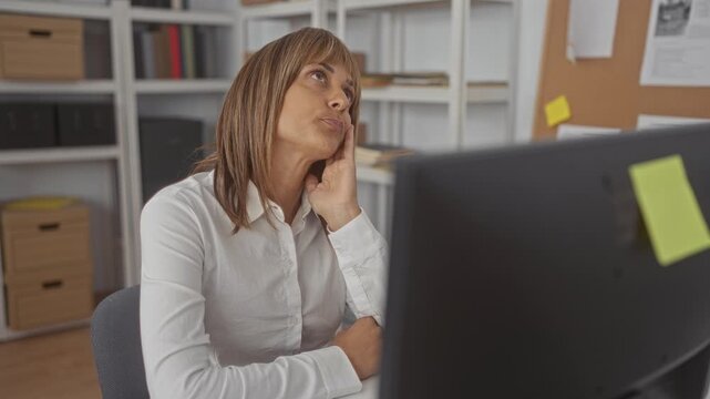 Woman with hand on cheek resting at desk by computer monitor in office, eyes closed and slumped posture, corkboard and shelves visible; fatigue.