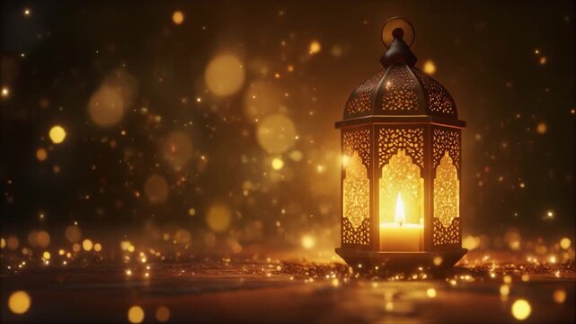 Glowing Arabic lantern with intricate metalwork and candlelight on a dark background with golden sparkles and bokeh lights