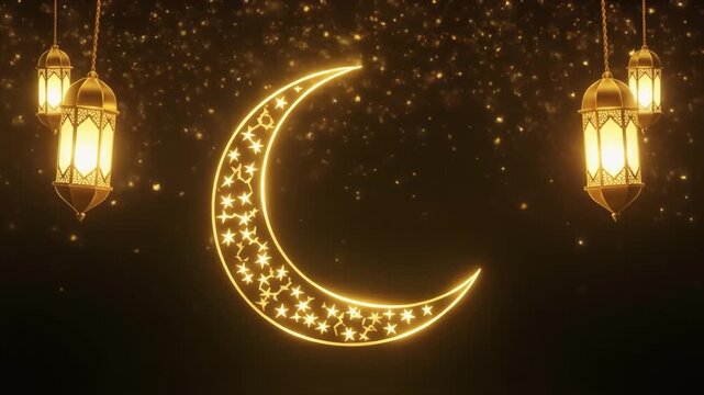 Glowing crescent moon with stars and lanterns on dark background for Ramadan or Islamic celebrations