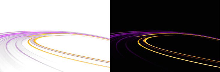 Abstract light trails on white background. Dynamic purple and orange curved motion lines. Overlay line, neon motion, high speed png © theladydarina