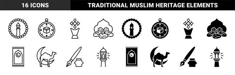 Fototapeta premium Islamic heritage symbols featuring traditional minaret with prayer beads kaaba compass dates and camel silhouette in dual line and solid style