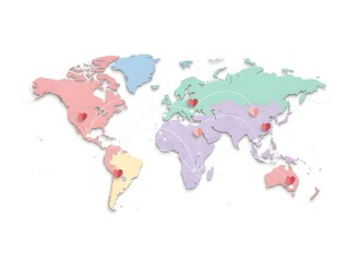 Obraz premium Paper Cut World Map with Hearts Global Love and Connection Concept