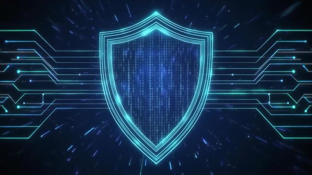 Cyber Security Shield with Binary Code and Circuit Board in Dark Blue Background with Glowing Blue Lines and Data Flow