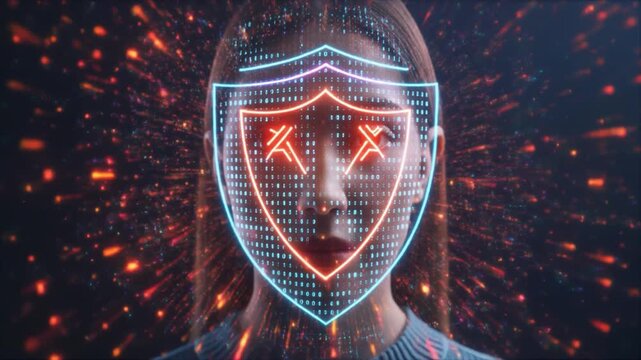Cyber Security Concept Woman with Digital Shield and Code Background Protecting Data Privacy with Neon Lights and Binary Code Streaming Through Space