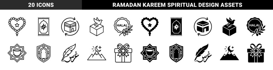 Islamic cultural symbols featuring hybrid designs of prayer beads heart prayer rug kaaba pilgrimage and halal certification in outline and solid styles