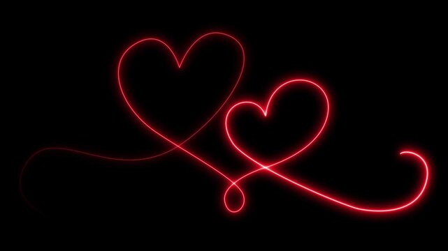 Valentines love heart symbol animation, Neon ecg love line animation, Two love hearts, Valentine's Day indicate, Neon glowing broken heart with blue ECG heartbeat line on black background. 4k video